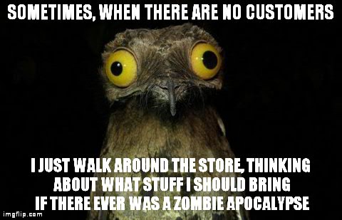 Weird Stuff I Do Potoo | SOMETIMES, WHEN THERE ARE NO CUSTOMERS I JUST WALK AROUND THE STORE, THINKING ABOUT WHAT STUFF I SHOULD BRING IF THERE EVER WAS A ZOMBIE APO | image tagged in memes,weird stuff i do potoo | made w/ Imgflip meme maker