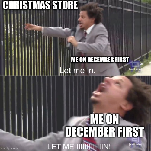 let me in | CHRISTMAS STORE; ME ON DECEMBER FIRST; ME ON DECEMBER FIRST | image tagged in let me in | made w/ Imgflip meme maker