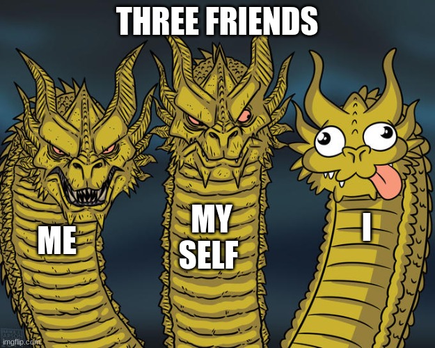 Three-headed Dragon | THREE FRIENDS; MY SELF; I; ME | image tagged in three-headed dragon | made w/ Imgflip meme maker