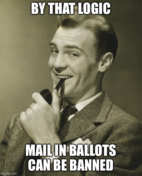 Smug | BY THAT LOGIC MAIL IN BALLOTS CAN BE BANNED | image tagged in smug | made w/ Imgflip meme maker