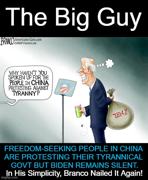 How can we continue to turn a blind eye to Biden's shenanigans & misconduct? | The Big Guy; FREEDOM-SEEKING PEOPLE IN CHINA 
ARE PROTESTING THEIR TYRANNICAL 
GOVT BUT BIDEN REMAINS SILENT. In His Simplicity, Branco Nailed It Again! | image tagged in politics,joe biden,plenty of malarky,misconduct,shenanigans,political humor | made w/ Imgflip meme maker