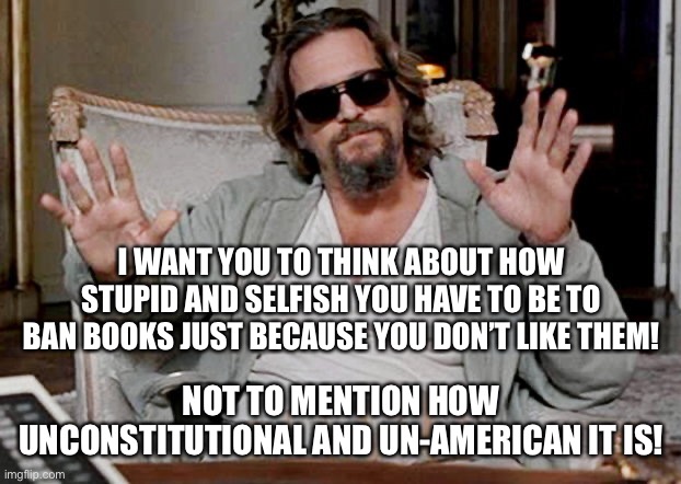 I got this | I WANT YOU TO THINK ABOUT HOW STUPID AND SELFISH YOU HAVE TO BE TO BAN BOOKS JUST BECAUSE YOU DON’T LIKE THEM! NOT TO MENTION HOW UNCONSTITUTIONAL AND UN-AMERICAN IT IS! | image tagged in i got this | made w/ Imgflip meme maker