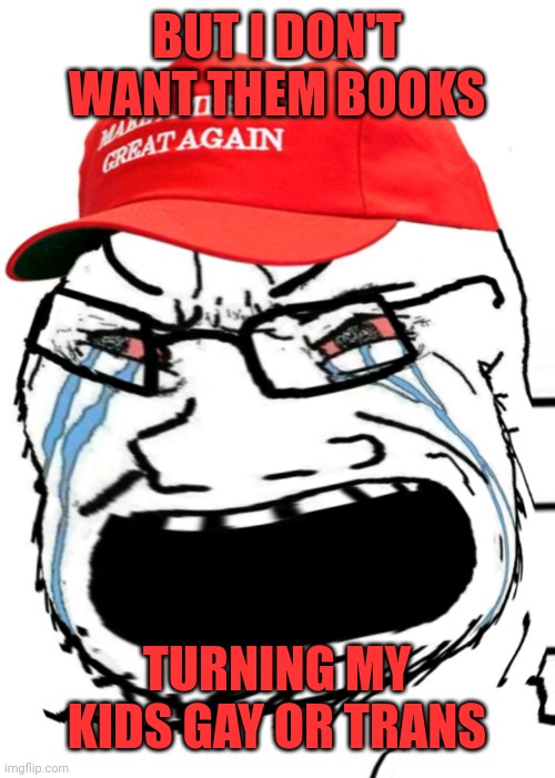 Crying MAGA wojak | BUT I DON'T WANT THEM BOOKS TURNING MY KIDS GAY OR TRANS | image tagged in crying maga wojak | made w/ Imgflip meme maker