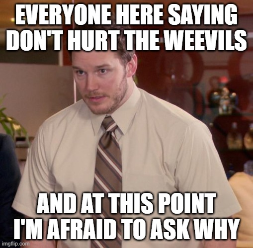 Afraid To Ask Andy Meme | EVERYONE HERE SAYING DON'T HURT THE WEEVILS; AND AT THIS POINT I'M AFRAID TO ASK WHY | image tagged in memes,afraid to ask andy | made w/ Imgflip meme maker