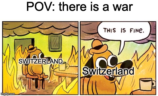 Switzerland when there is a war | POV: there is a war; SWITZERLAND; Switzerland | image tagged in memes,this is fine | made w/ Imgflip meme maker