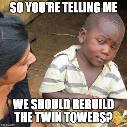 Yes, yes, I am | SO YOU'RE TELLING ME; WE SHOULD REBUILD THE TWIN TOWERS? | image tagged in memes,third world skeptical kid,9/11,funny | made w/ Imgflip meme maker