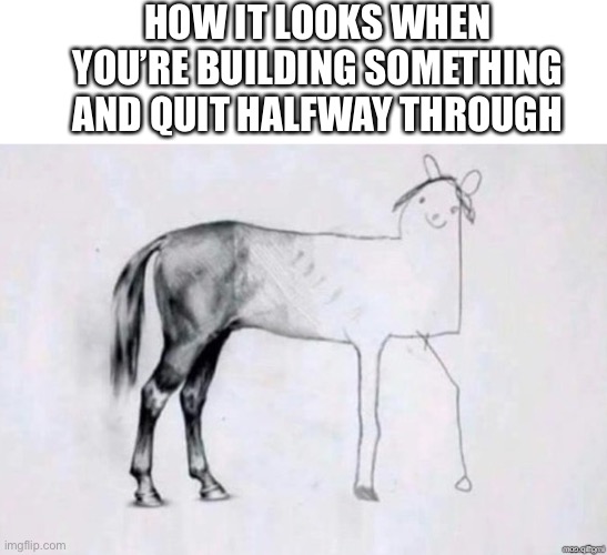 True | HOW IT LOOKS WHEN YOU’RE BUILDING SOMETHING AND QUIT HALFWAY THROUGH | image tagged in horse drawing | made w/ Imgflip meme maker