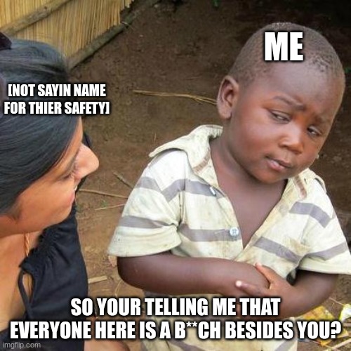toxic stream | ME; [NOT SAYIN NAME FOR THIER SAFETY]; SO YOUR TELLING ME THAT EVERYONE HERE IS A B**CH BESIDES YOU? | image tagged in memes,third world skeptical kid | made w/ Imgflip meme maker