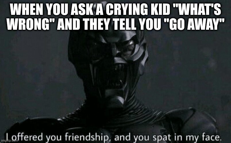 pain | WHEN YOU ASK A CRYING KID "WHAT'S WRONG" AND THEY TELL YOU "GO AWAY" | image tagged in green goblin i offered you friendship and you spat in my face | made w/ Imgflip meme maker