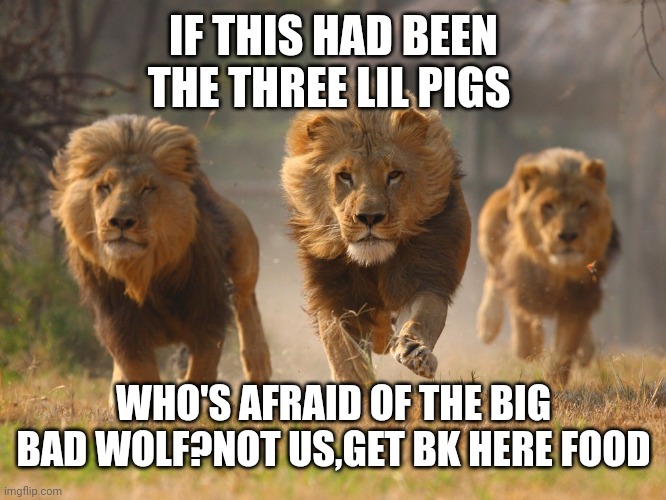 Lions Lookin For A Dentist |  IF THIS HAD BEEN THE THREE LIL PIGS; WHO'S AFRAID OF THE BIG BAD WOLF?NOT US,GET BK HERE FOOD | image tagged in lions lookin for a dentist | made w/ Imgflip meme maker