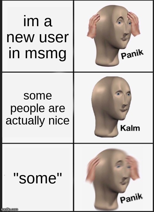 the people know who they are | im a new user in msmg; some people are actually nice; "some" | image tagged in memes,panik kalm panik | made w/ Imgflip meme maker