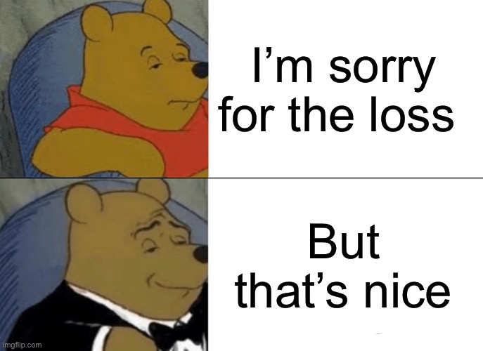 Tuxedo Winnie The Pooh | I’m sorry for the loss; But that’s nice | image tagged in memes,tuxedo winnie the pooh | made w/ Imgflip meme maker