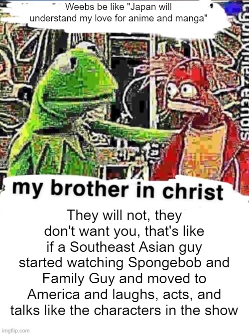 My brother in Christ | Weebs be like "Japan will understand my love for anime and manga"; They will not, they don't want you, that's like if a Southeast Asian guy started watching Spongebob and Family Guy and moved to America and laughs, acts, and talks like the characters in the show | image tagged in my brother in christ | made w/ Imgflip meme maker