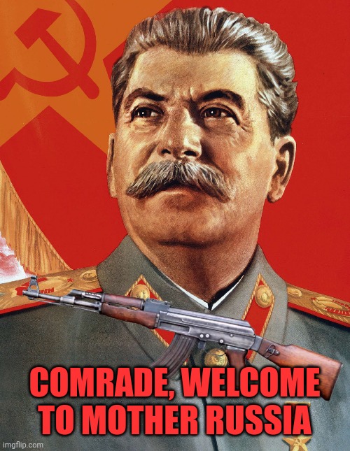 Welcome to Mother Russia! | COMRADE, WELCOME TO MOTHER RUSSIA | image tagged in joseph stalin,soviet union,russia,giga chad,gulag,stalin | made w/ Imgflip meme maker