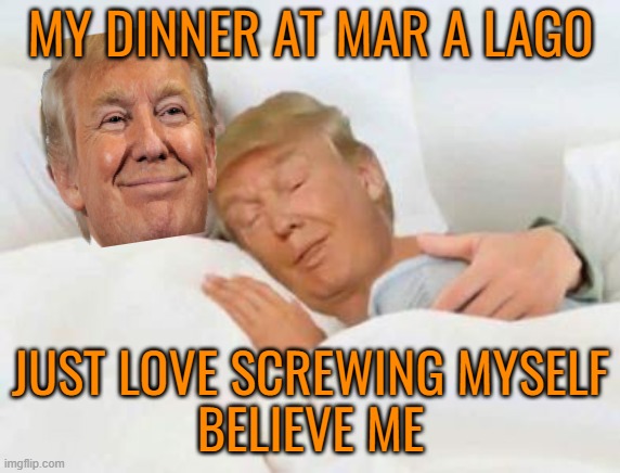 This guy gets me | MY DINNER AT MAR A LAGO; JUST LOVE SCREWING MYSELF
BELIEVE ME | image tagged in donald trump,maga,white nationalism,nazis,political memes | made w/ Imgflip meme maker