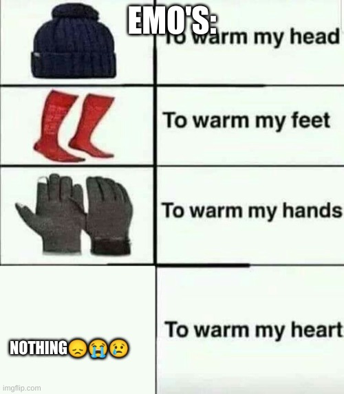 To warm my heart | EMO'S:; NOTHING😞😭😢 | image tagged in to warm my heart | made w/ Imgflip meme maker