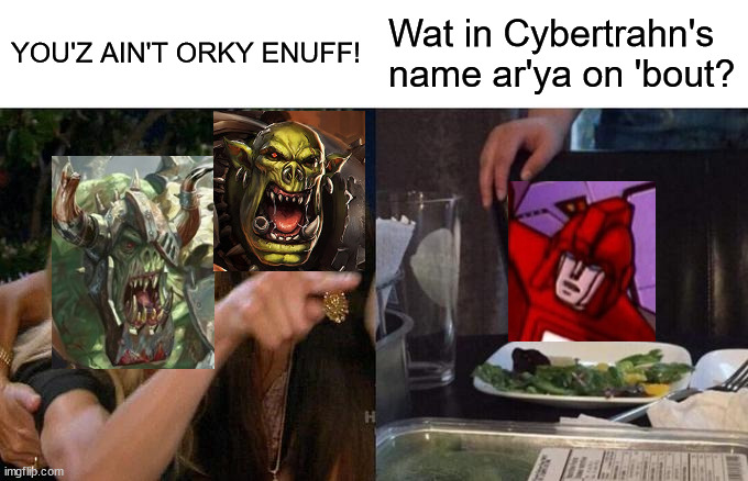 The Joke is that there's an Ork in Warhammer Fantasy named Grimgor Ironhide | YOU'Z AIN'T ORKY ENUFF! Wat in Cybertrahn's name ar'ya on 'bout? | image tagged in memes,woman yelling at cat | made w/ Imgflip meme maker