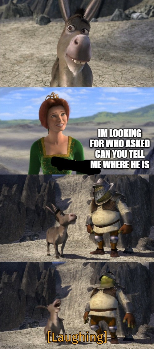 that one kid | IM LOOKING FOR WHO ASKED CAN YOU TELL ME WHERE HE IS | image tagged in shrek and donkey laughing at fiona | made w/ Imgflip meme maker