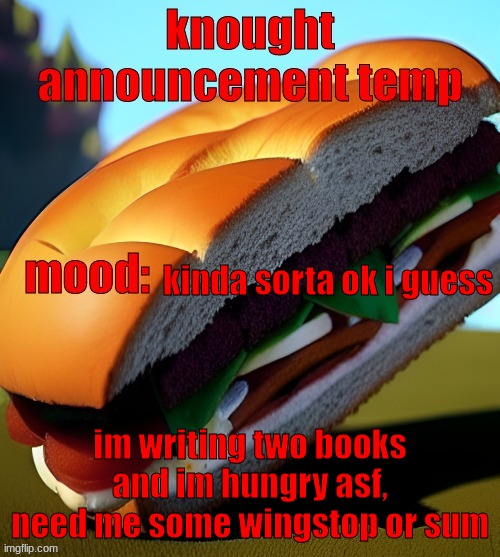 hongry | kinda sorta ok i guess; im writing two books and im hungry asf, need me some wingstop or sum | image tagged in knought announcement temp | made w/ Imgflip meme maker