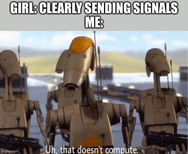 I'm an idiot ngl | GIRL: CLEARLY SENDING SIGNALS
ME: | image tagged in uh that does not compute | made w/ Imgflip meme maker