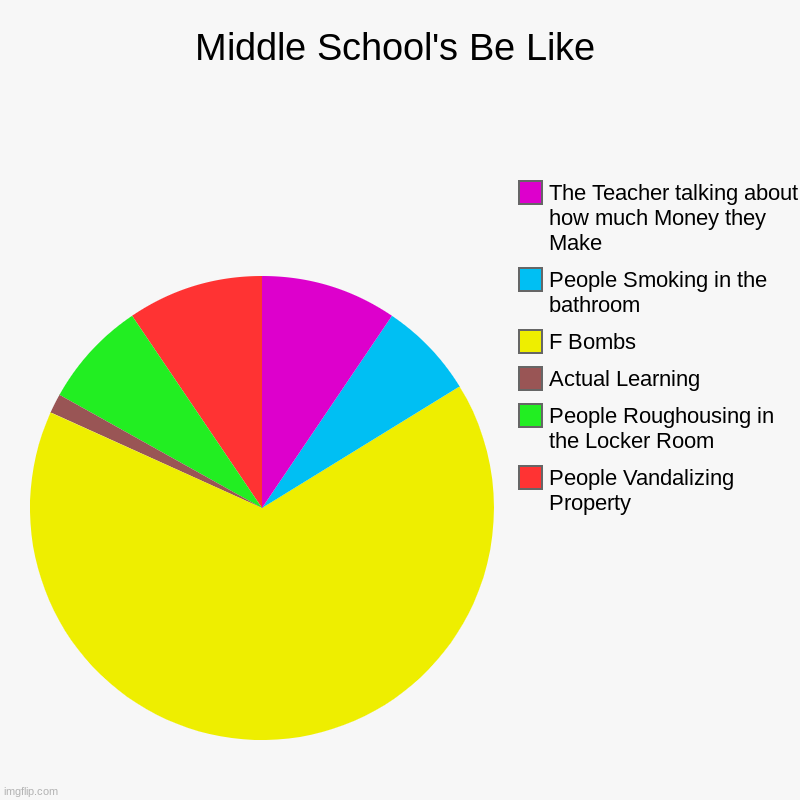 Middle School's Be Like | People Vandalizing Property, People Roughousing in the Locker Room, Actual Learning, F Bombs, People Smoking in th | image tagged in charts,pie charts | made w/ Imgflip chart maker