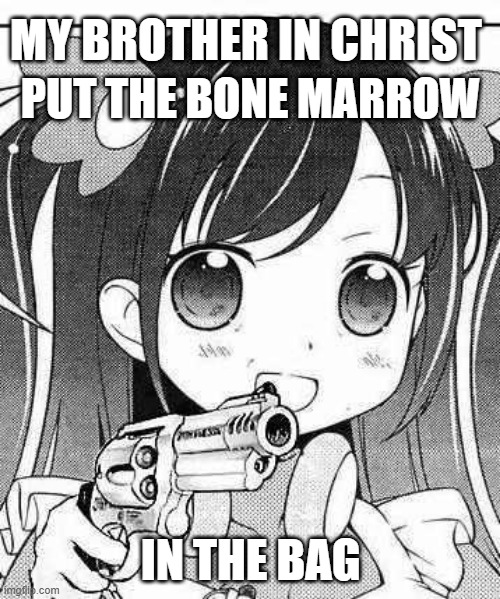 Give Bone Matter | MY BROTHER IN CHRIST; PUT THE BONE MARROW; IN THE BAG | image tagged in anime girl with a gun | made w/ Imgflip meme maker