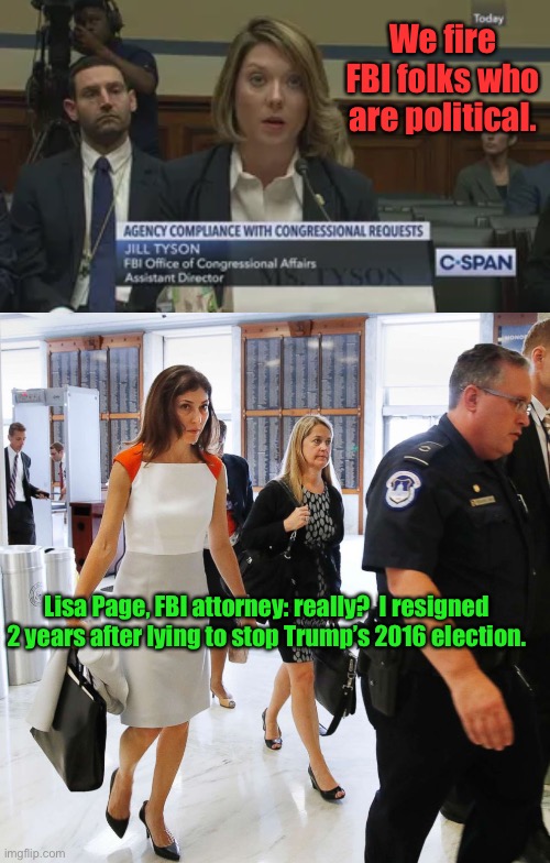 FBI: Federal Biden Investigators - liberal liars | We fire FBI folks who are political. Lisa Page, FBI attorney: really?  I resigned 2 years after lying to stop Trump’s 2016 election. | image tagged in fbi,purging conservatives,lisa page | made w/ Imgflip meme maker