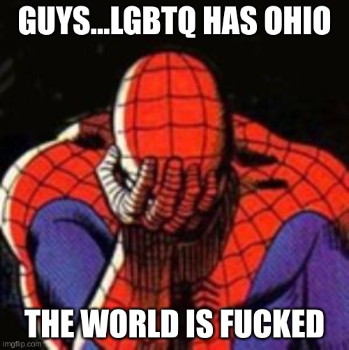 Sad Spiderman Meme | GUYS...LGBTQ HAS OHIO; THE WORLD IS FUCKED | image tagged in memes,sad spiderman,spiderman | made w/ Imgflip meme maker
