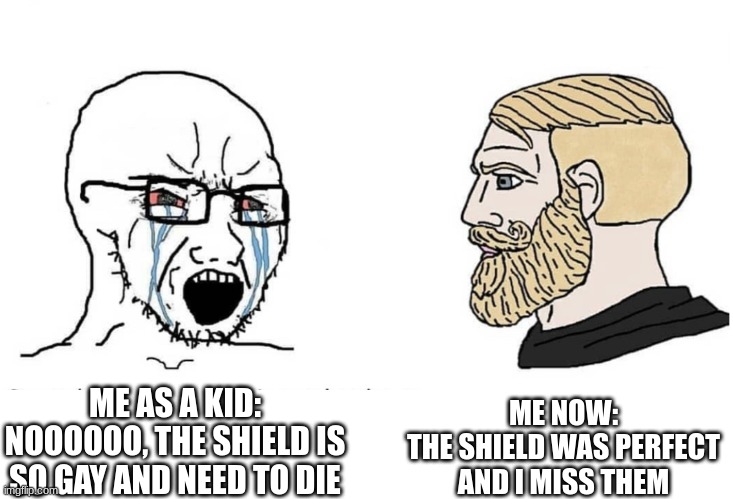 Soyboy Vs Yes Chad | ME AS A KID:
NOOOOOO, THE SHIELD IS SO GAY AND NEED TO DIE ME NOW:
THE SHIELD WAS PERFECT AND I MISS THEM | image tagged in soyboy vs yes chad | made w/ Imgflip meme maker