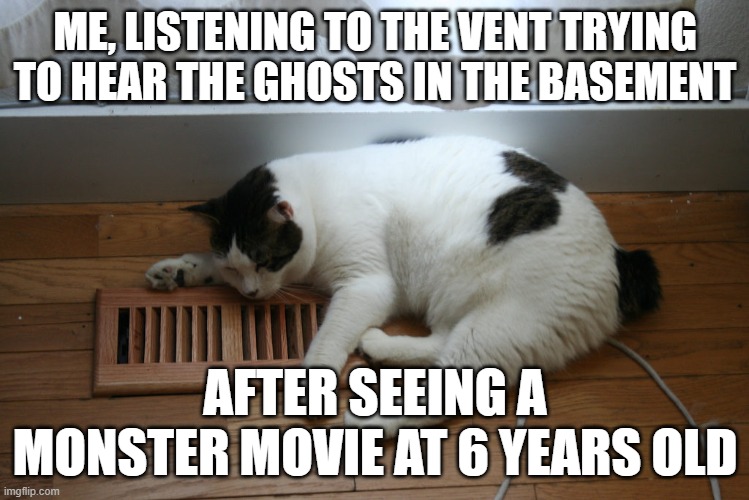 horror flicks at an inappropriate age made me who I am today  lol | ME, LISTENING TO THE VENT TRYING TO HEAR THE GHOSTS IN THE BASEMENT; AFTER SEEING A MONSTER MOVIE AT 6 YEARS OLD | image tagged in funny memes,cats,horror movie,spooky,ghosts,funny meme | made w/ Imgflip meme maker