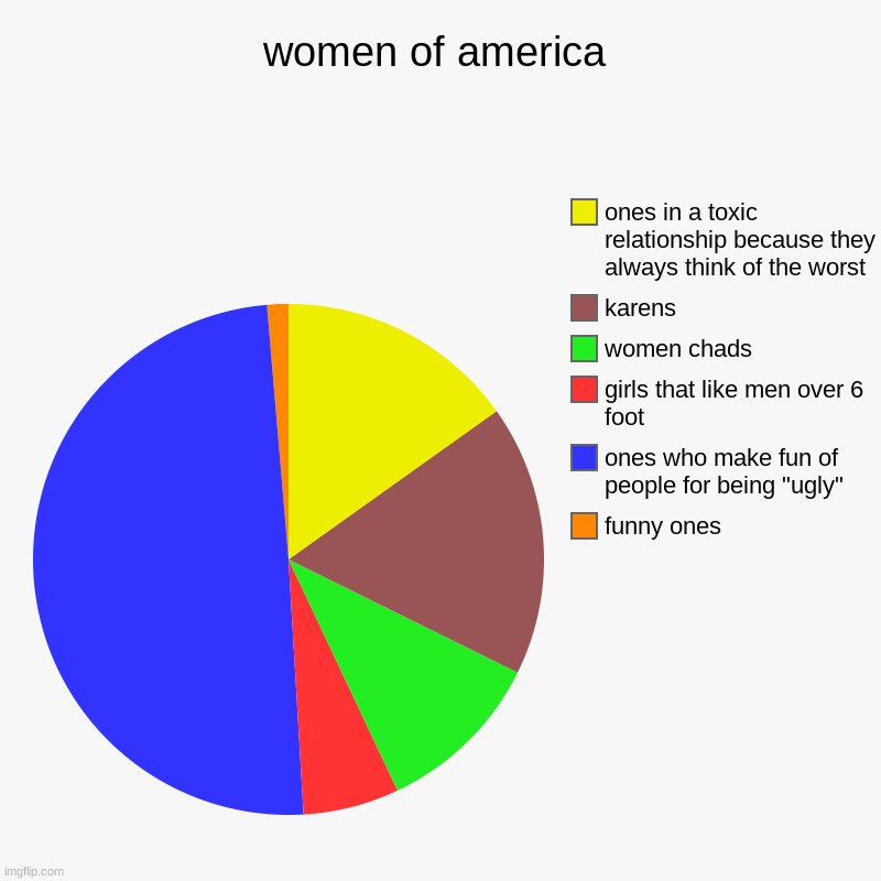 (this chart is somewhat a joke so don't get too mad) | women of america | funny ones, ones who make fun of people for being "ugly", girls that like men over 6 foot, women chads, karens, ones in a | image tagged in charts,pie charts | made w/ Imgflip chart maker