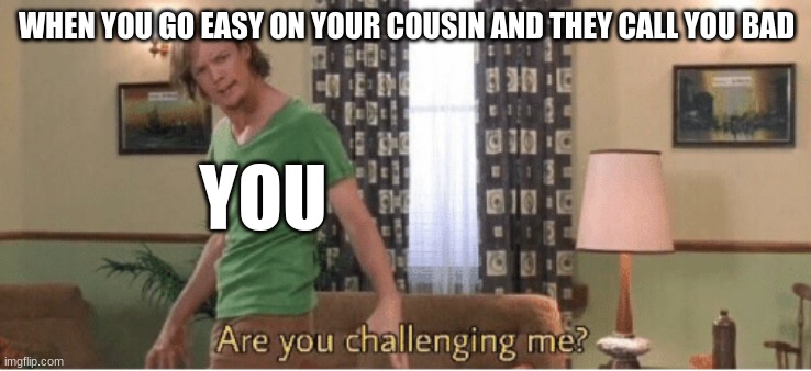 are you challenging me | WHEN YOU GO EASY ON YOUR COUSIN AND THEY CALL YOU BAD; YOU | image tagged in are you challenging me | made w/ Imgflip meme maker