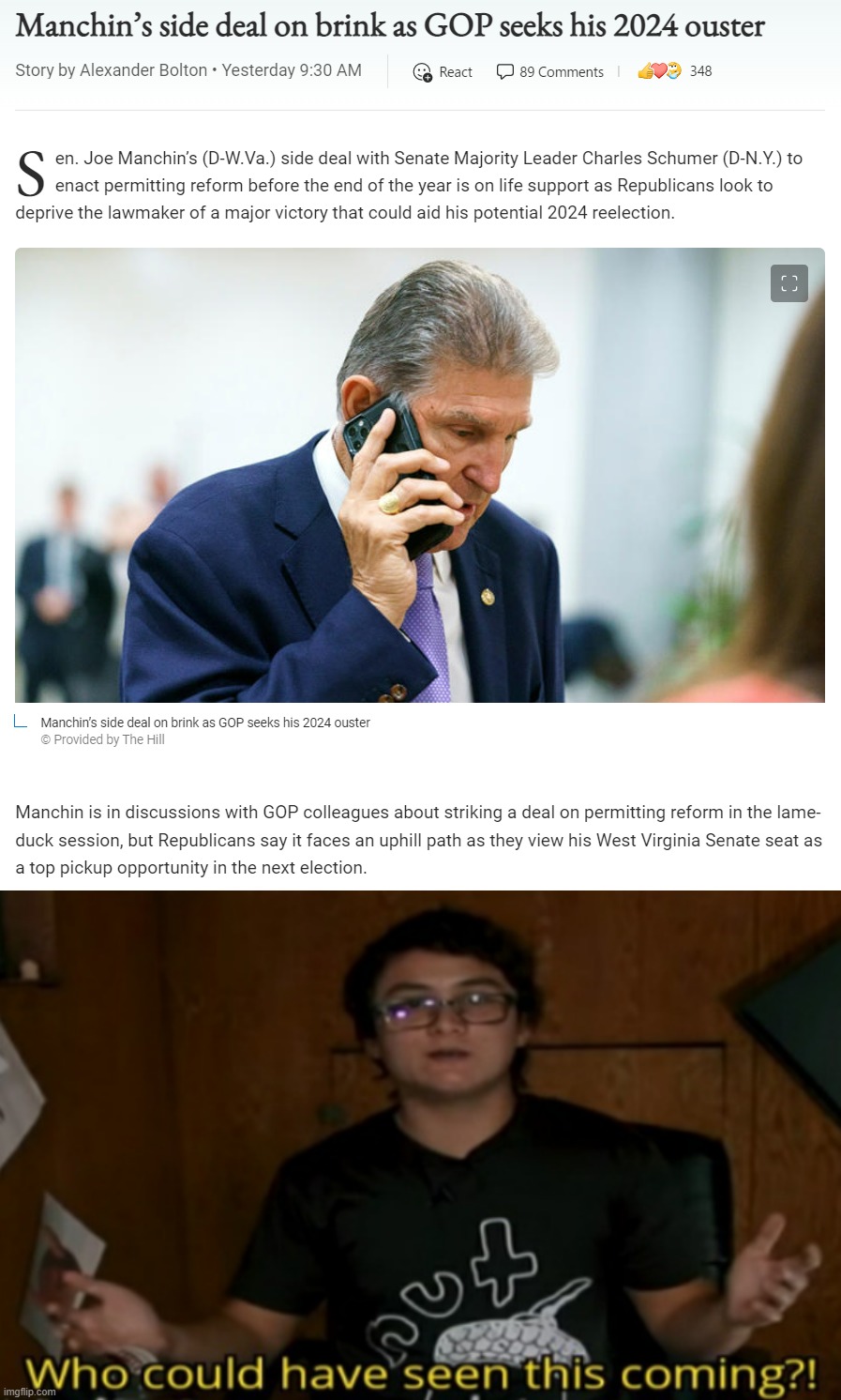 That's. So. Weird. | image tagged in joe manchin stabbed in the back by the gop,who could have seen this coming,joe manchin,gop,republicans,senate | made w/ Imgflip meme maker