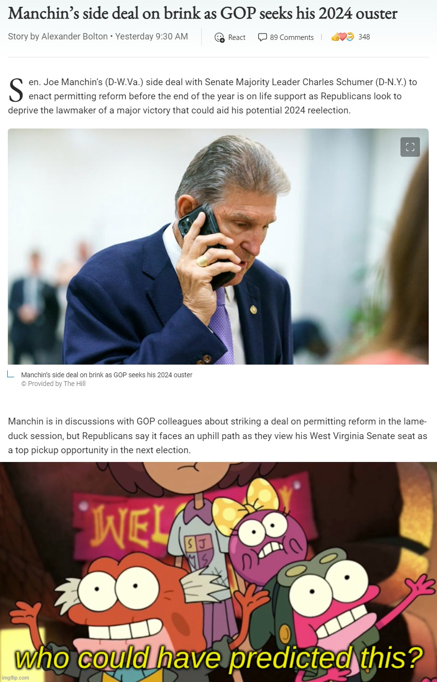 Joe Manchin's "bipartisanship" gets rewarded with a stab-in-the-back from his GOP "colleagues." Because of course. | image tagged in joe manchin stabbed in the back by the gop,who could have predicted this | made w/ Imgflip meme maker
