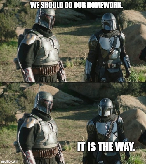 Mandos | WE SHOULD DO OUR HOMEWORK. IT IS THE WAY. | image tagged in mandos | made w/ Imgflip meme maker