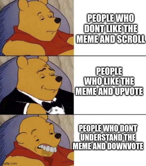 Whinnie The Poo (Normal, Fancy, Gross) | PEOPLE WHO DONT LIKE THE MEME AND SCROLL; PEOPLE WHO LIKE THE MEME AND UPVOTE; PEOPLE WHO DONT UNDERSTAND THE MEME AND DOWNVOTE | image tagged in whinnie the poo normal fancy gross,upvote if you agree,downvotes | made w/ Imgflip meme maker