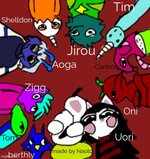 more ocs also shoutout to pochita for some name ideas | Shelldon; Tim; Jirou; Aoga; Carthos; Zigg; Oni; Tom; Uori; made by Naoto; berthly | made w/ Imgflip meme maker