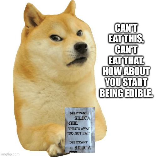 Can't eat anything | CAN'T EAT THIS, CAN'T EAT THAT. HOW ABOUT YOU START BEING EDIBLE. | image tagged in doge,conspiracy | made w/ Imgflip meme maker