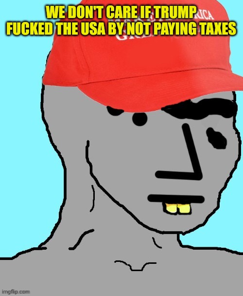 MAGA NPC | WE DON'T CARE IF TRUMP FUCKED THE USA BY NOT PAYING TAXES | image tagged in maga npc | made w/ Imgflip meme maker