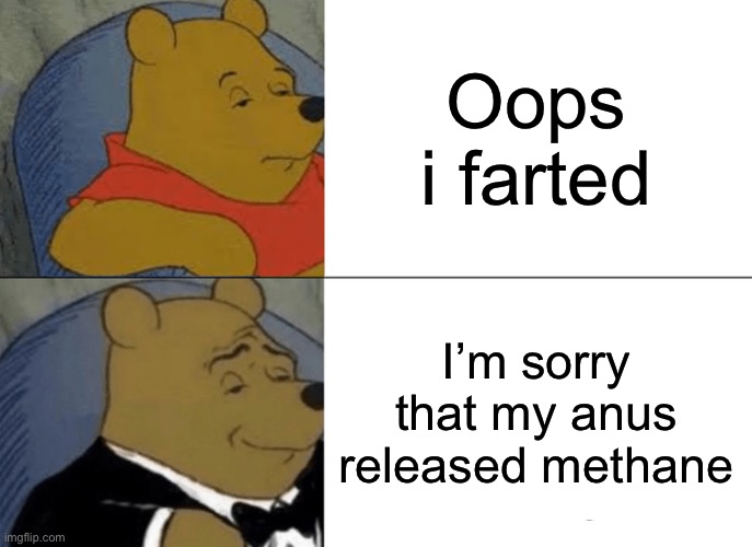 AN I OOP- | Oops i farted; I’m sorry that my anus released methane | image tagged in memes,tuxedo winnie the pooh,fart,hold fart,haha | made w/ Imgflip meme maker