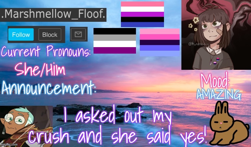 I have a girlfriend now! <33 | She/Him; AMAZING; I asked out my crush and she said yes! | image tagged in floofs temp 2 | made w/ Imgflip meme maker