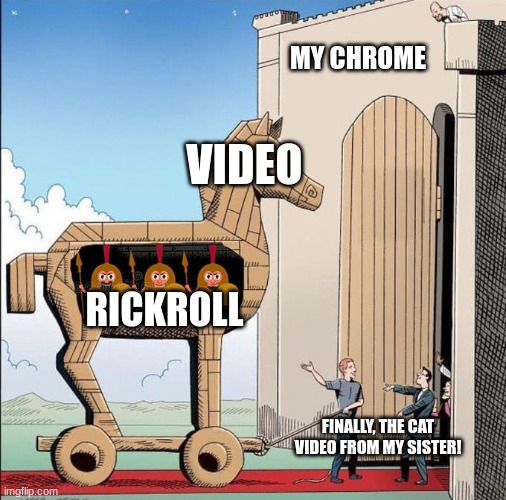 rickroll | MY CHROME; VIDEO; RICKROLL; FINALLY, THE CAT VIDEO FROM MY SISTER! | image tagged in trojan horse | made w/ Imgflip meme maker