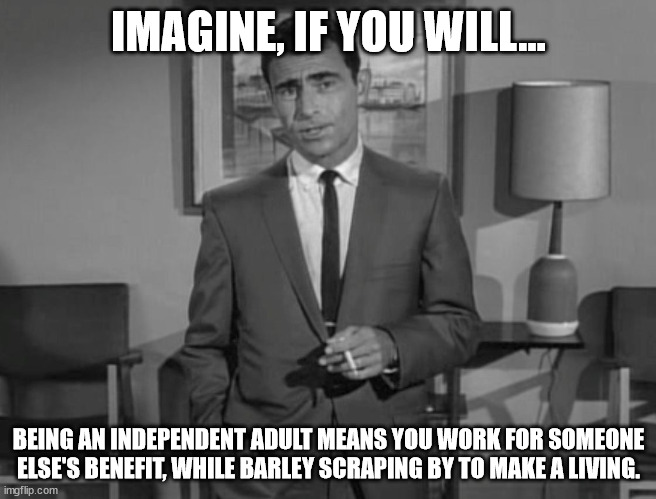 Yay for adulting... | IMAGINE, IF YOU WILL... BEING AN INDEPENDENT ADULT MEANS YOU WORK FOR SOMEONE ELSE'S BENEFIT, WHILE BARLEY SCRAPING BY TO MAKE A LIVING. | image tagged in rod serling imagine if you will | made w/ Imgflip meme maker