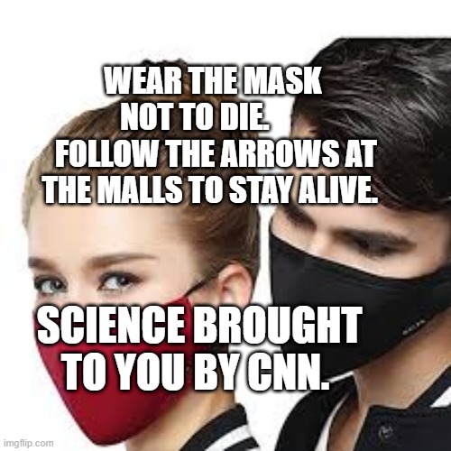 Mask Couple | WEAR THE MASK NOT TO DIE.      
 FOLLOW THE ARROWS AT THE MALLS TO STAY ALIVE. SCIENCE BROUGHT TO YOU BY CNN. | image tagged in mask couple | made w/ Imgflip meme maker