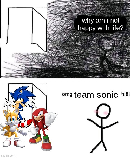 OMG hi | why am i not happy with life? team sonic | image tagged in omg hi | made w/ Imgflip meme maker