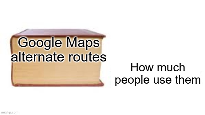 WHY ARE THERE SO MANY | Google Maps alternate routes; How much people use them | image tagged in big book small book,memes | made w/ Imgflip meme maker