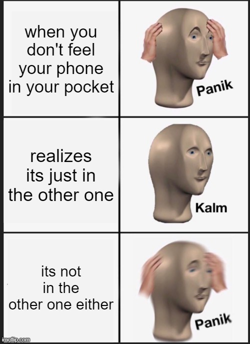 iuytf | when you don't feel your phone in your pocket; realizes its just in the other one; its not in the other one either | image tagged in memes,panik kalm panik | made w/ Imgflip meme maker