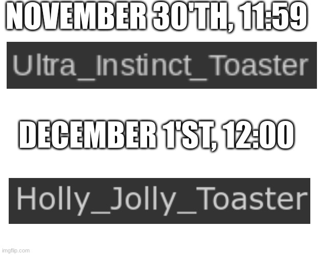 NOVEMBER 30'TH, 11:59; DECEMBER 1'ST, 12:00 | image tagged in blank text bar | made w/ Imgflip meme maker