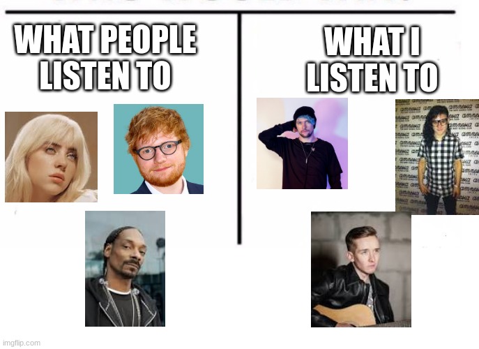 i listen to dubstep and house (bonus points for people who can guess the names of the people i listen to) | WHAT I LISTEN TO; WHAT PEOPLE LISTEN TO | image tagged in comparison table,dubstep better,memes | made w/ Imgflip meme maker