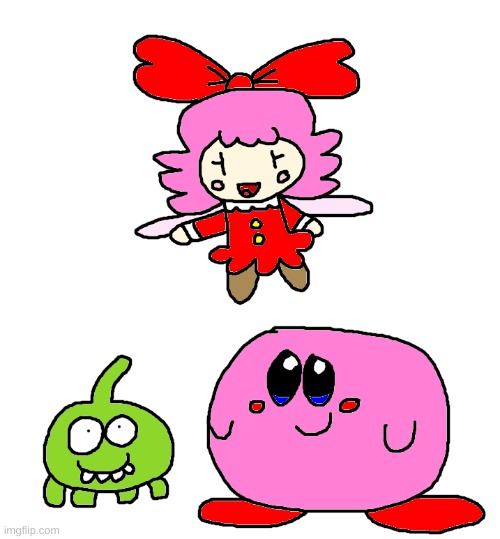 Kirby, Ribbon, and Om Nom are friends | image tagged in kirby,ribbon,om nom,crossover,cute,fanart | made w/ Imgflip meme maker